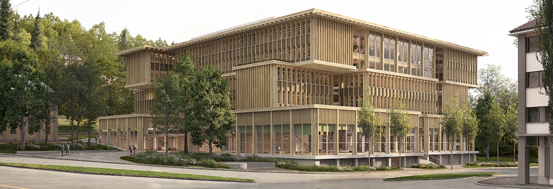 Visualisierung von «Graber Pulver Architekt:innen» Siegerprojekt Campus Platztor Tsumiki, Aussenansicht